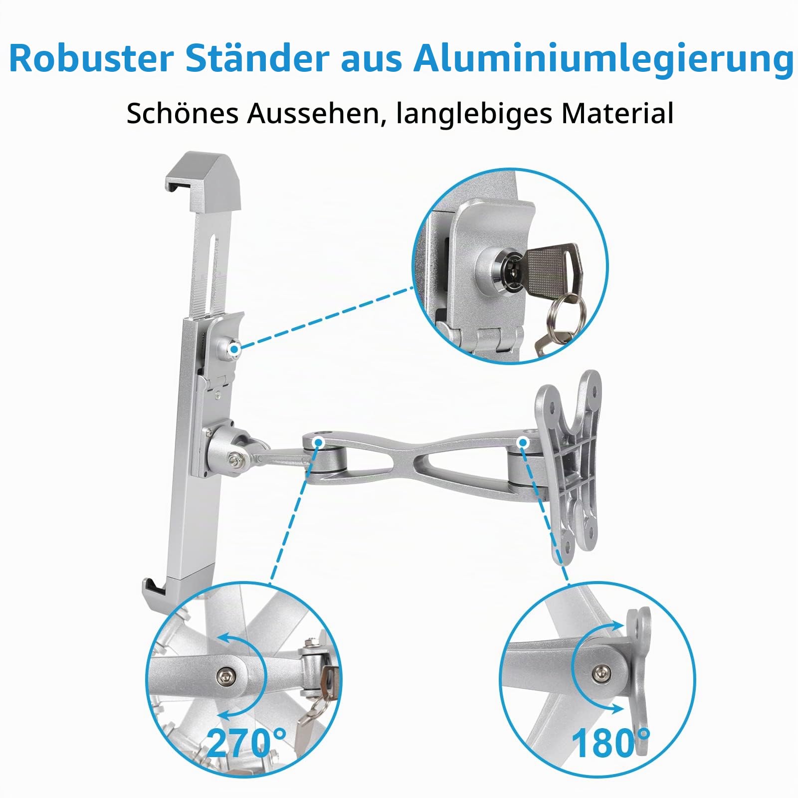 Anti-Diebstahl Tablet Wandhalterung, Abschließbar Wand Tablet Halterung | Kiosk Store Tablet Halter mit Aluminium Gelenkarm für iPad Pro Air Mini, Samsung Galaxy Tabs, Surface, weitere 7-11" Tablets