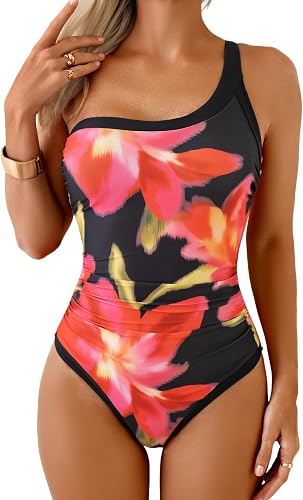 Aidonger Women's One Piece One Shoulder Swimsuit Tummy Control Slimming Bathing 
