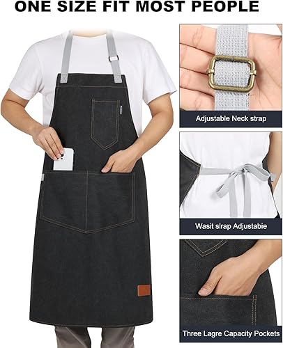 Miniatura 2 de Delantales de chef para hombres, delantales para mujer con 3 bolsillos grandes, correa ajustable para el cuello y lazos extralargos (atado