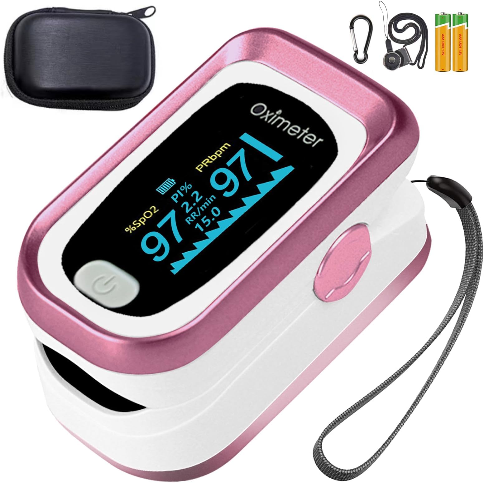 Pulse Oximeter Fingertip, 4 Data Pulse Oximeter with Respiration, Pulse Oximeter with Respiratory, Pulse Oximeter SpO2 Pulse Rate Count, OLED Oximetry with Batteries and Carry Bag and Lanyard (Pink)