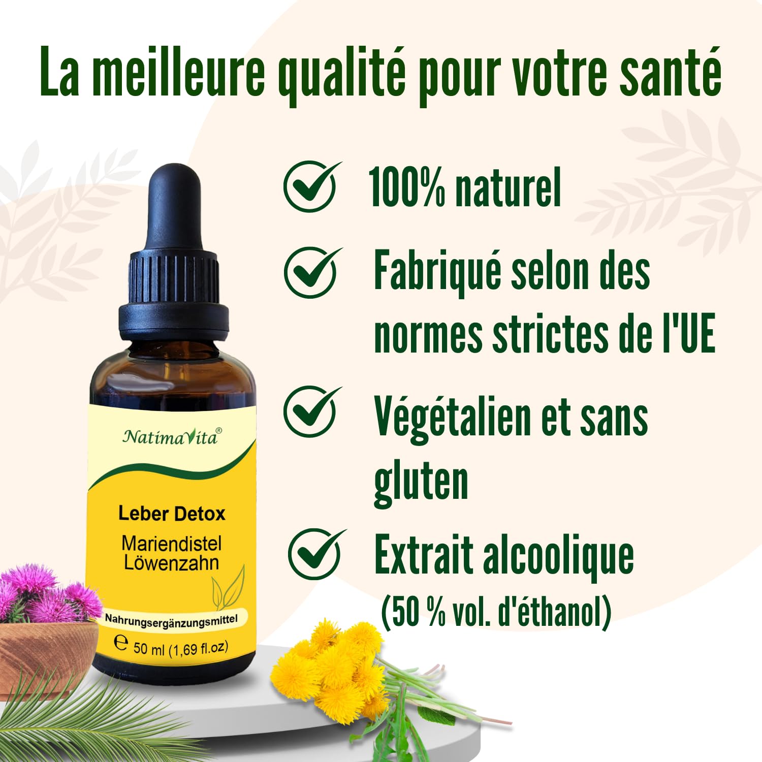 Détox du foie Chardon-Marie et Pissenlit – 2 x 50 ml – Détoxifiant et régénérant pour le foie, la vésicule biliaire et le système digestif – 100% naturel - NatimaVita