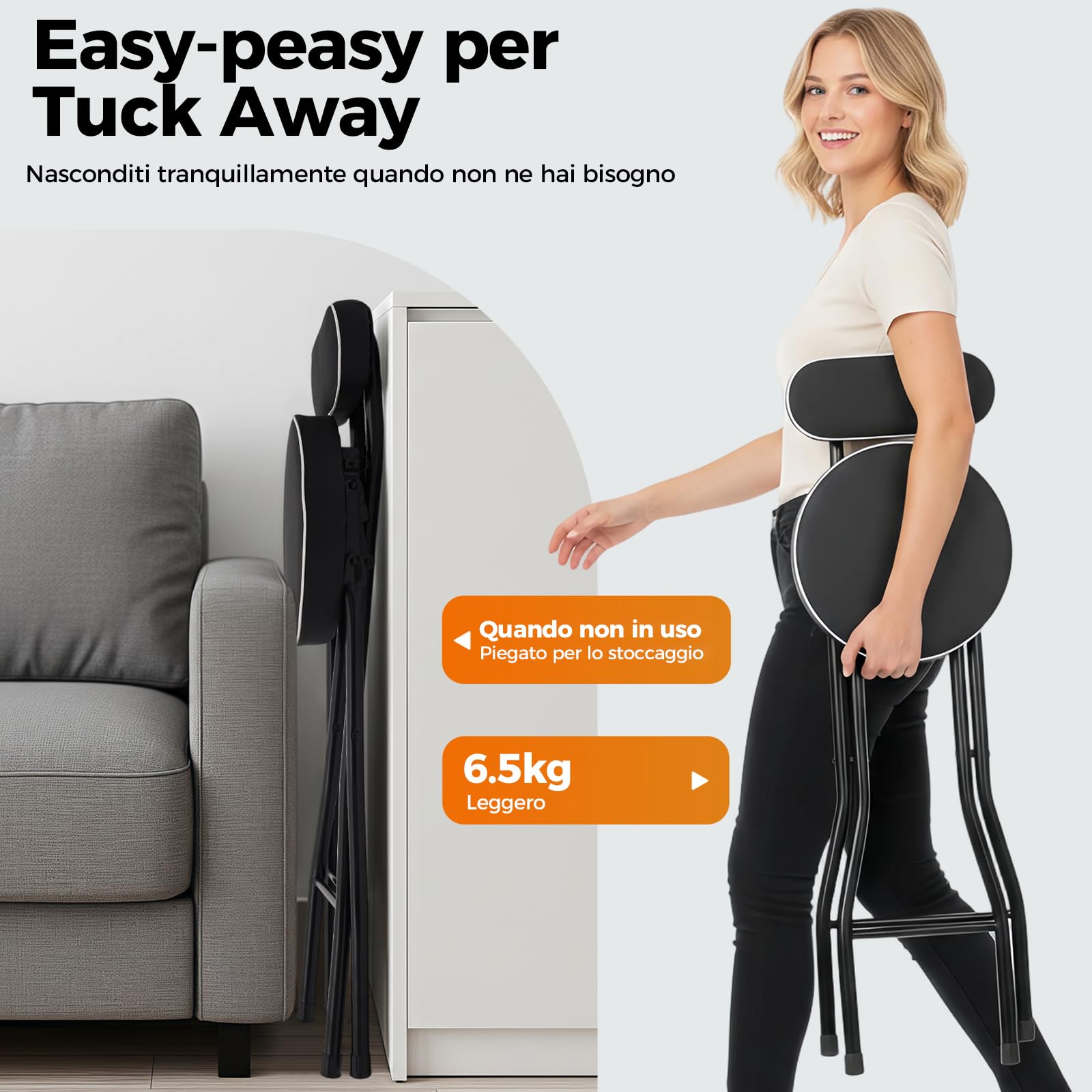 Set di 2 sgabelli da bar pieghevoli con schienale, altezza 65 cm, seggiolone, pieghevole, per bar e bancone, portata 125 kg (nero, 65 cm)
