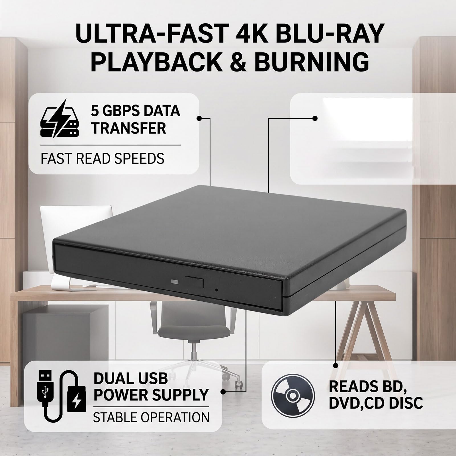 Zunate Unidad óptica Externa USB 4K, Multimedia BD DVD CD de 5 Gbps (Silver)