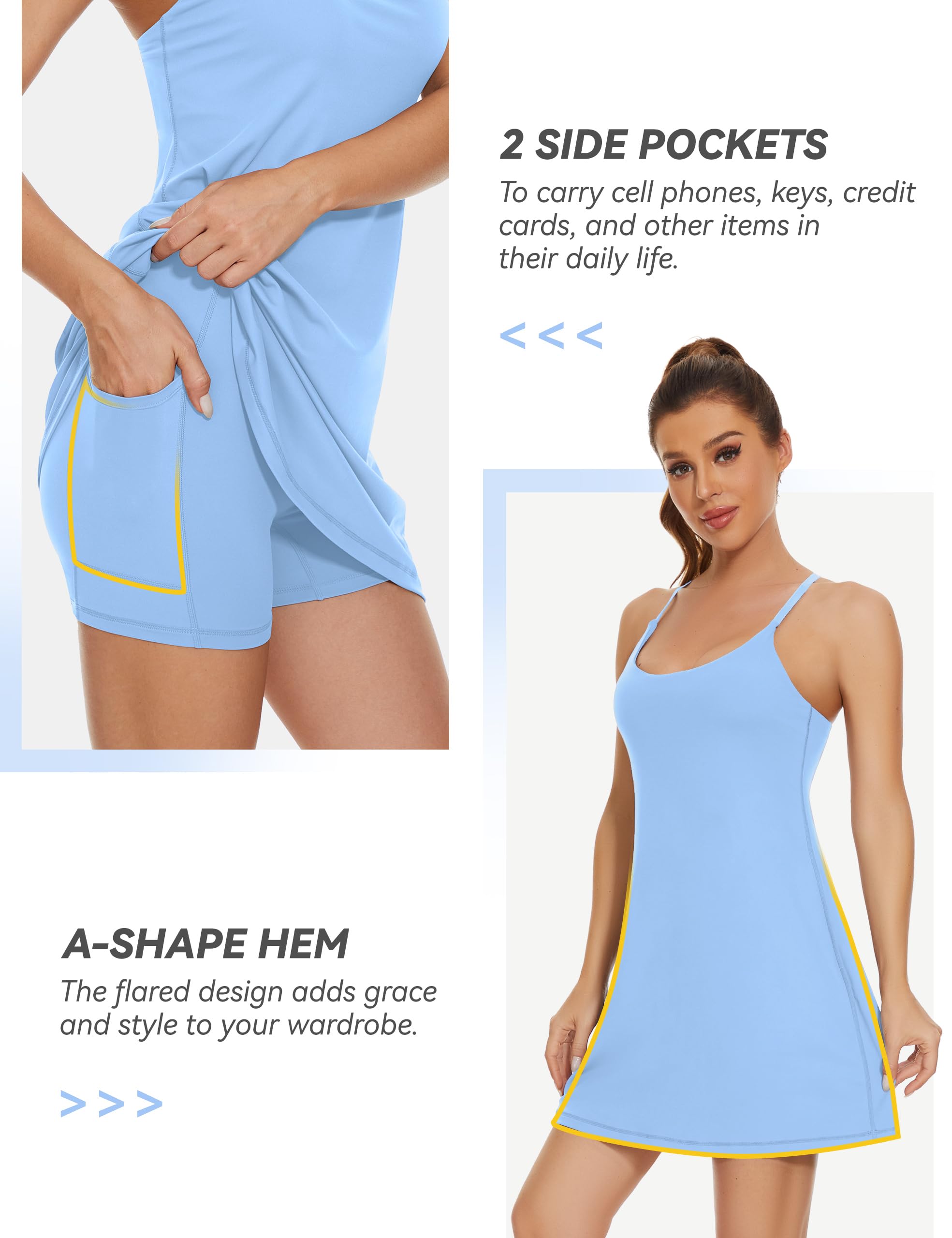 Desol Vestito da Tennis da Donna, 2 in 1, con Tasche Integrate per Reggiseno e Pantaloncini, Abbigliamento Sportivo con Cinturino Regolabile, Azzurro Chiaro, XL