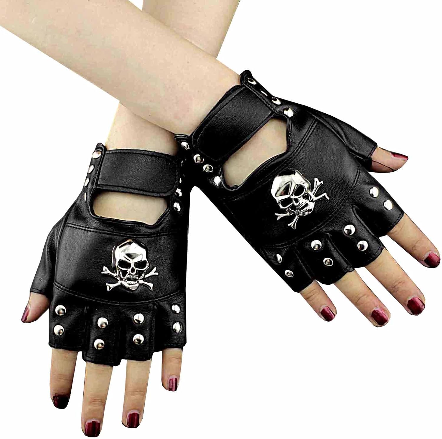 Skull Studded Punk Rock Biker Driving Women's Leather Fingerless Gloves