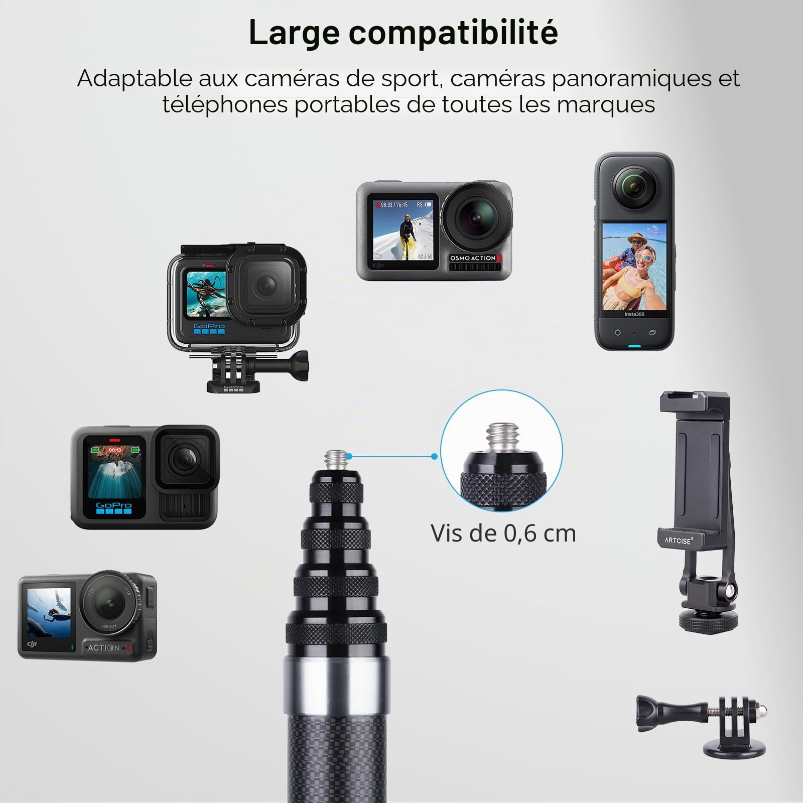 ARTCISE Perche à Selfie en Fibre de Carbone 300cm, SS300 Perche à Selfie Longue en Fibre de Carbone pour Caméra d'action pour GoPro Hero pour GoPro pour DJI Osmo Action pour Caméra