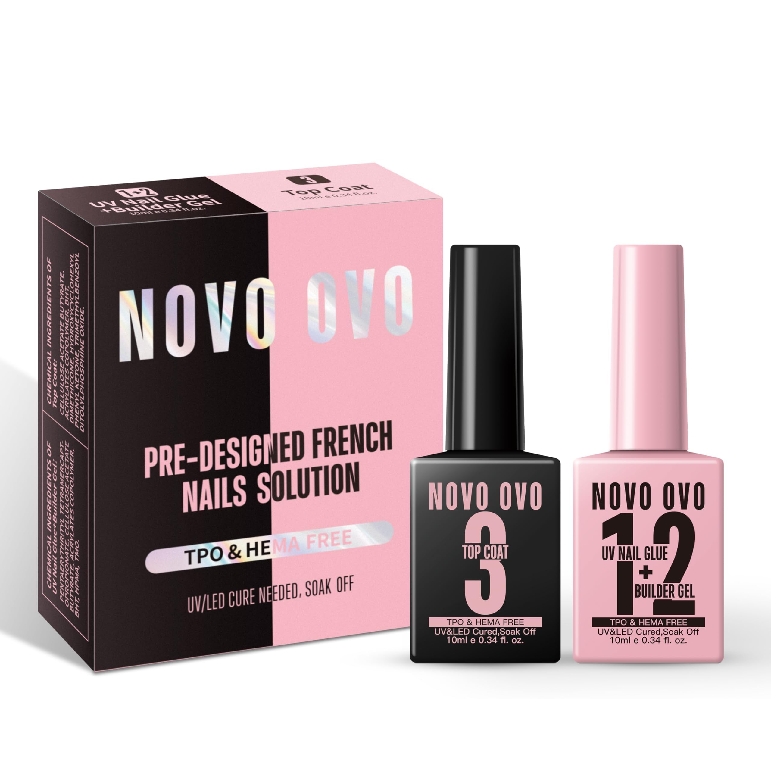NOVO OVO UV klej do paznokci i żel budujący 2 w 1, zestaw bez potrzeby wycierania, top coat do wstępnie przyciętych francuskich końcówek, HEMA TPO FREE, ekstra mocne trzymanie do akrylowych paznokci