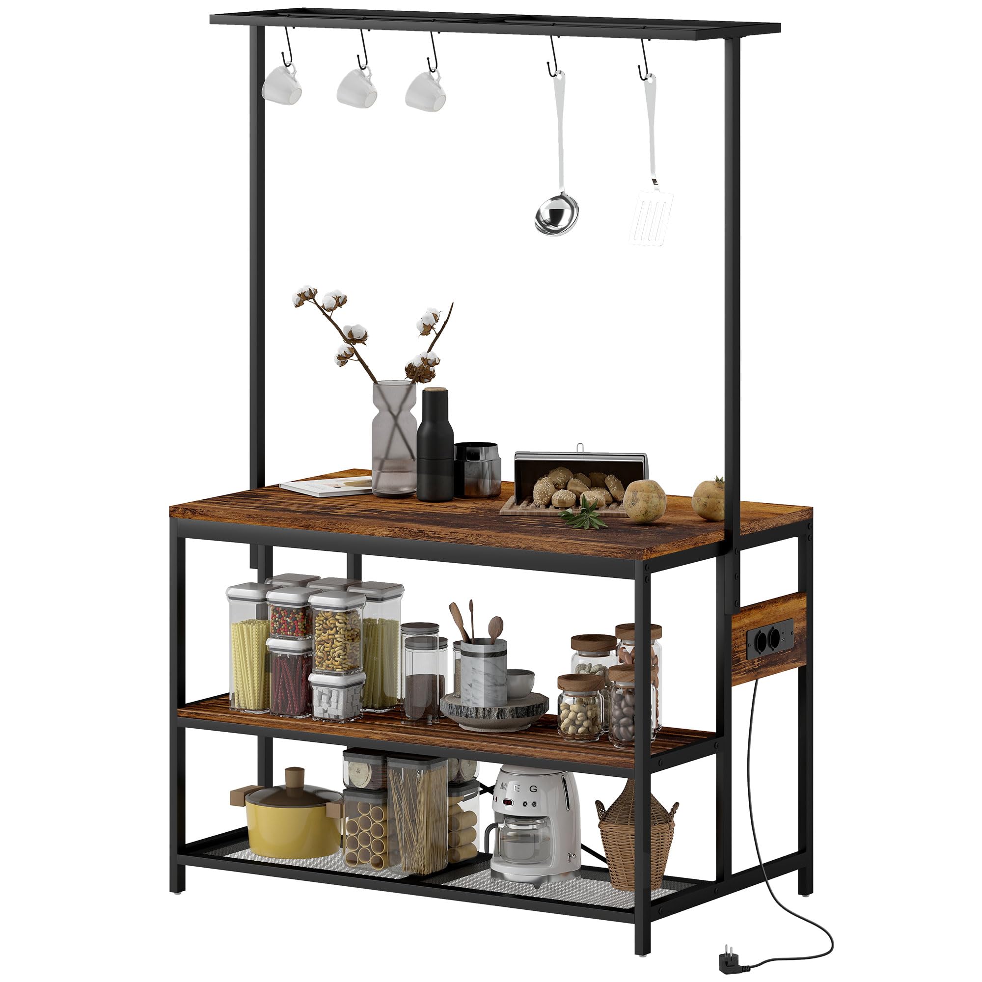 HOMCOM Estantería de Cocina Industrial con Toma de Corriente y Ganchos | Mueble Auxiliar para Salón, Estantes, Comedor, 116x70x182 cm, Marrón Rústico