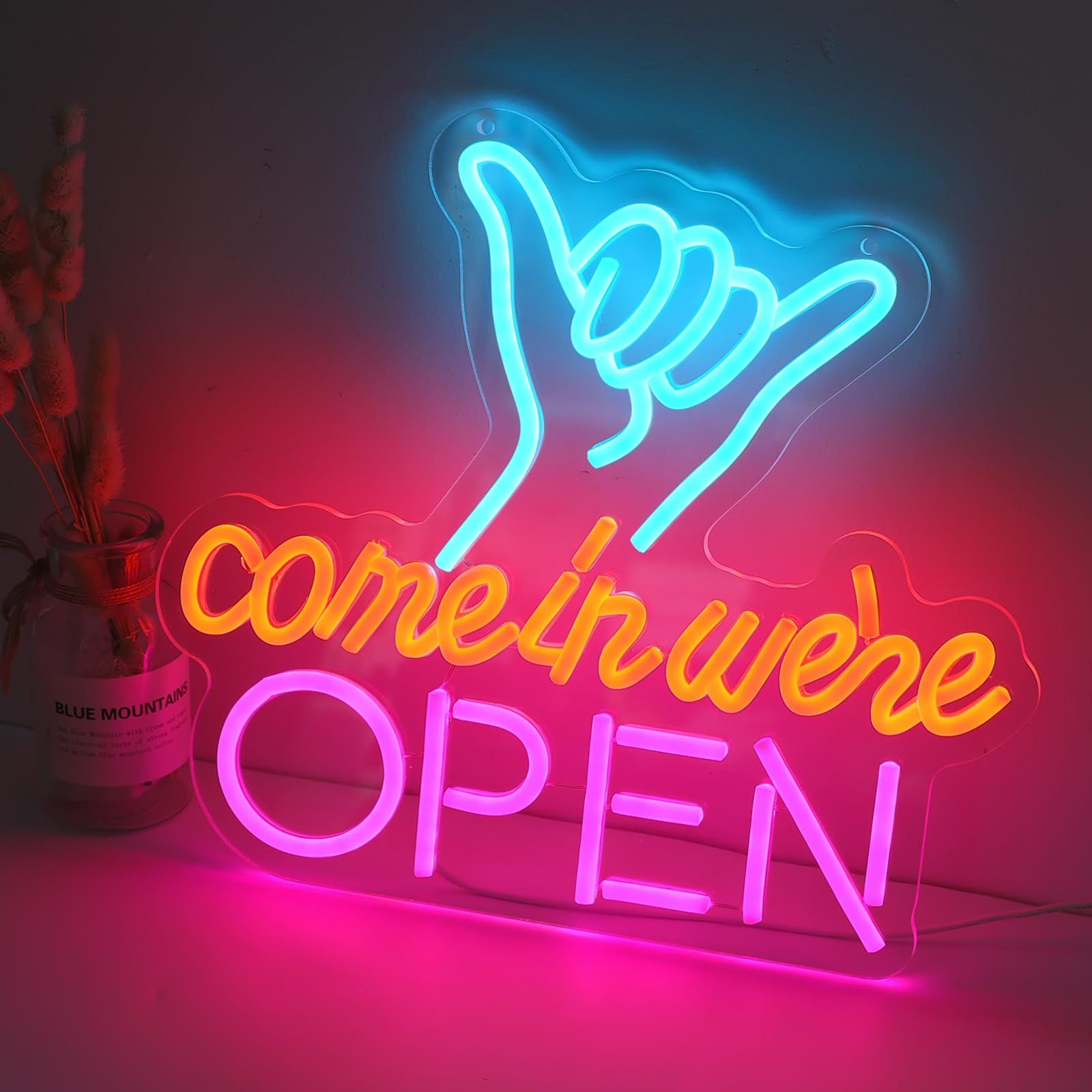 WIOSOUL Finger Open Sign Dimmable LED Neon Open Sign Light for Business 13.78"x12.2" USB Powered Double-Layer Acrylic Board Sign for Shop Restaurants - Image 2