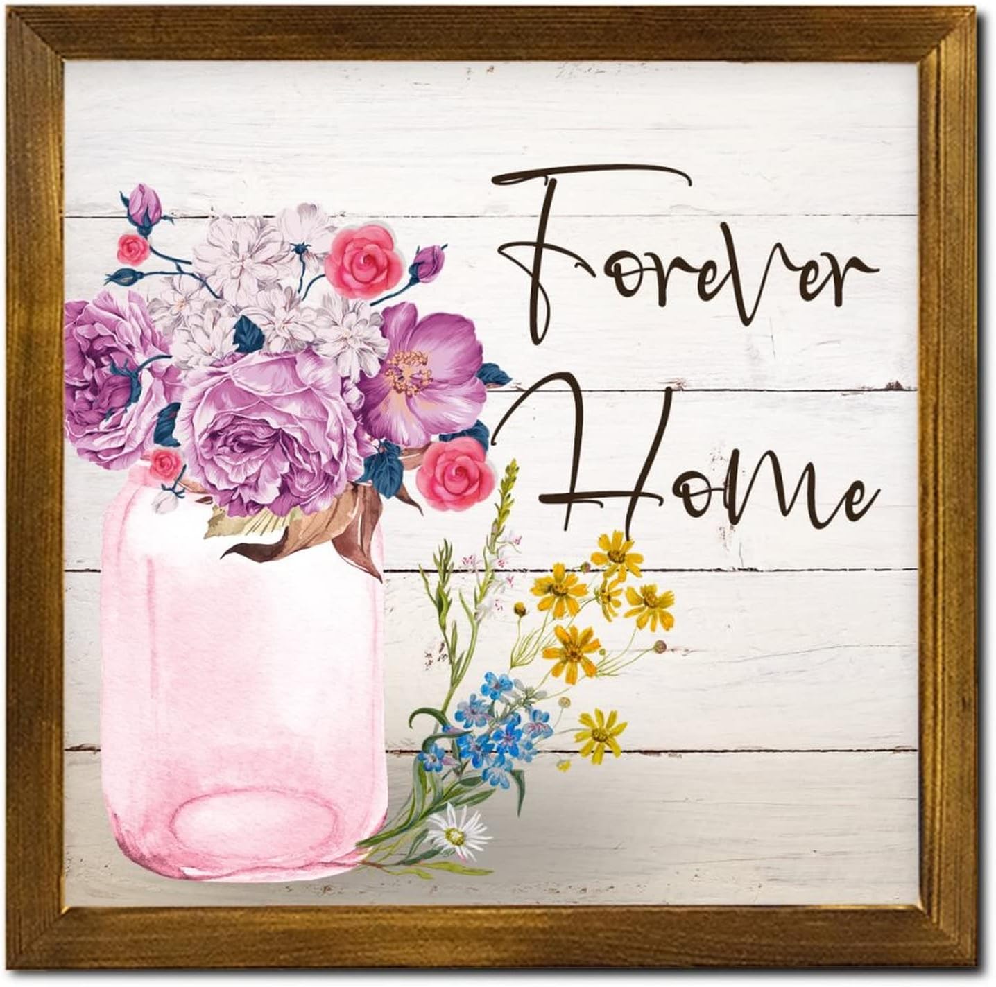 Forever Home Framed Wooden Signs Spring Rose Flower in Vase Hanging Wood Sign Classic Garden Floral Wooden Wall Art Decorative for Home Kitchen Bar Room Garage Bedroom 12x12 inch