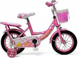 دراجة للبنات بتصميم مميز مزودة بعجلات تدريب مضيئة وفرامل قرصية وسلة أمامية ومقعد خلفي للأطفال من عمر 3 إلى 6 سنوات من البدر، مقاس 12 بوصة