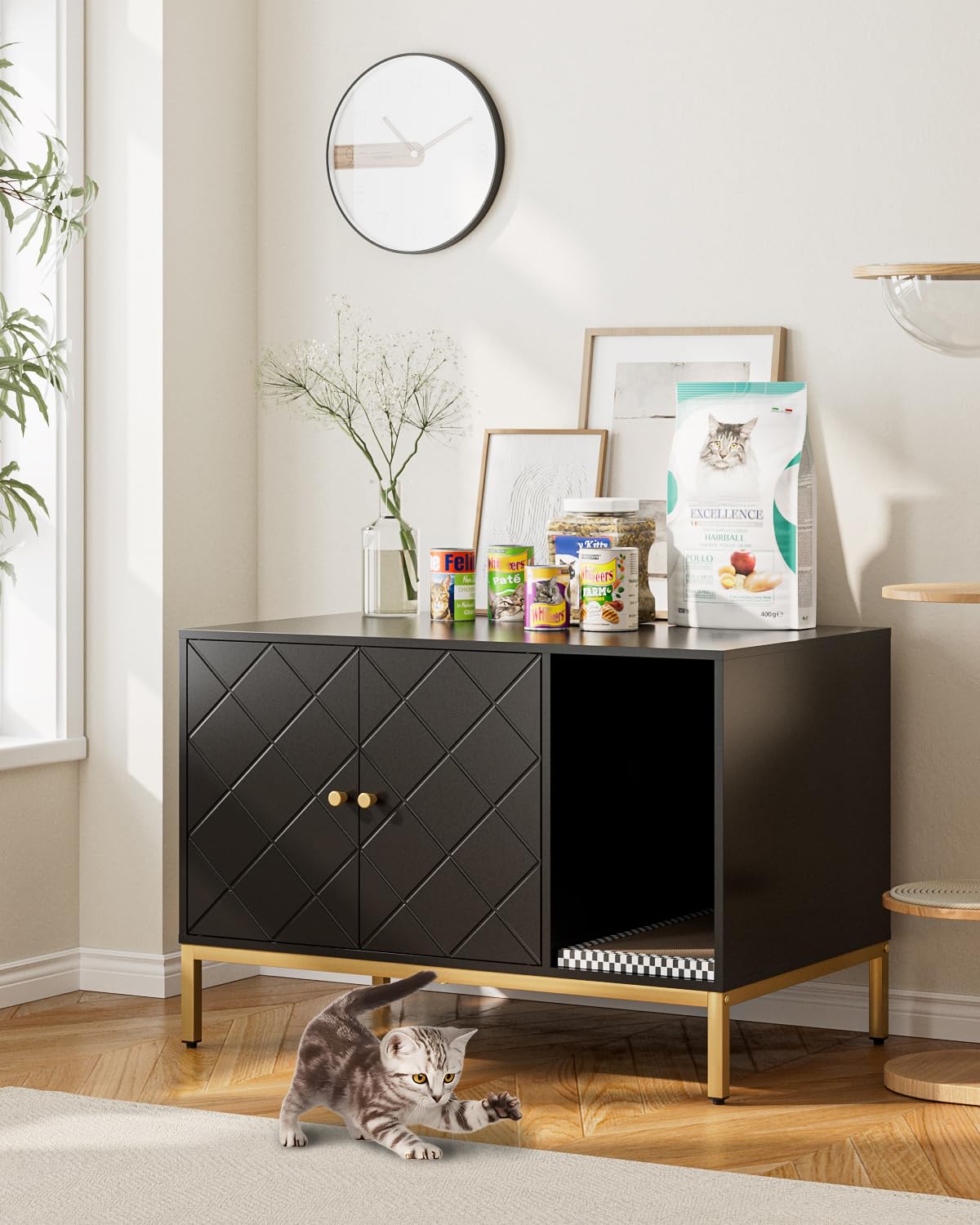 Katzenklo Schrank, Katzenkloschrank mit Doppeltüren, Katzenhaus mit Kratzmatte, hohe Beine, für Katzentoilette, Beistelltisch, 80x50x55 cm, schwarz,Überkreuzmuster