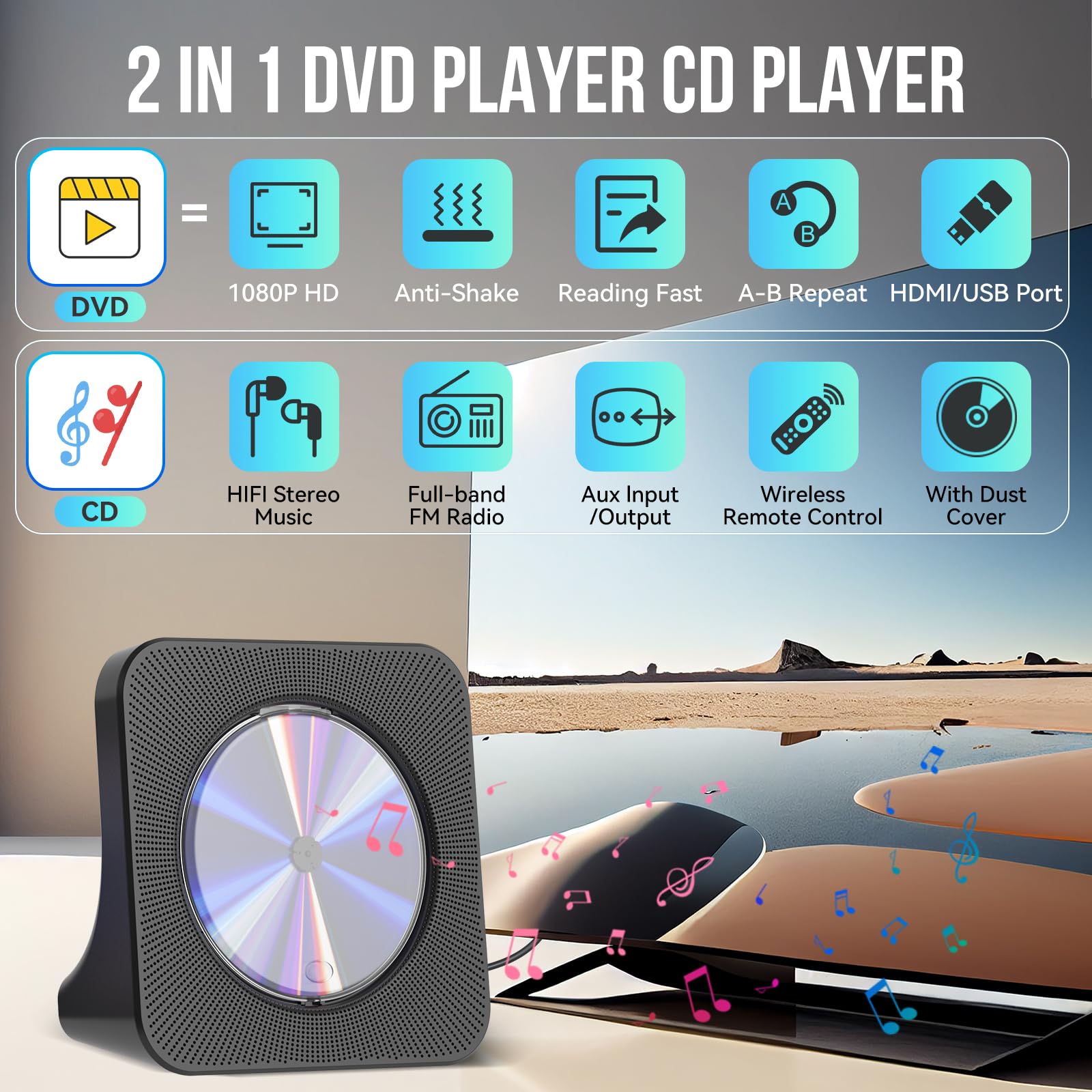 Gueray Reproductor de DVD para TV Bluetooth Reproductor de DVD/CD de Sobremesa para el Hogar con Altavoces Radio FM con Reproductor de CD de Tarjetas USB Incluye Mando a Distancia Cable HDMI