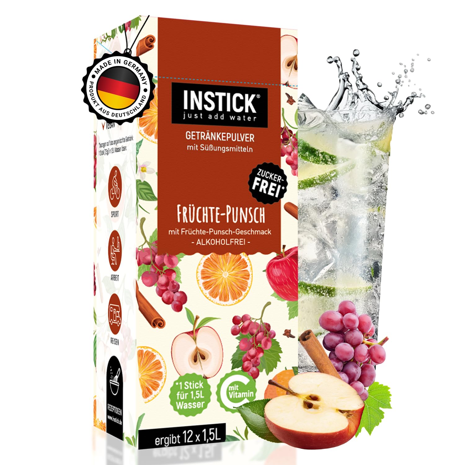 INSTICK Zuckerfreies Instant-Getränk (Früchte-Punsch) - 1 Packung für 12 x 1,5-2,5 L - Veganes Getränkepulver Kalorienarm & Vitamin C - Instant-Pulver