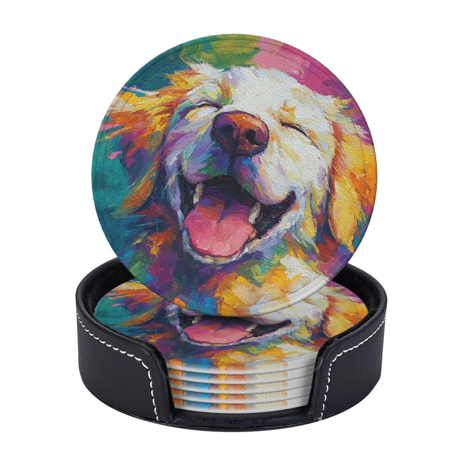 Drink Coasters 6 PCS Round Leather Coaster Happy Golden Retriever Dog Coasters for Drinks Non-Slip Mugs Pads with Holder Personalized Cups Pad Mat for Coffee Table Kitchen 10 CM