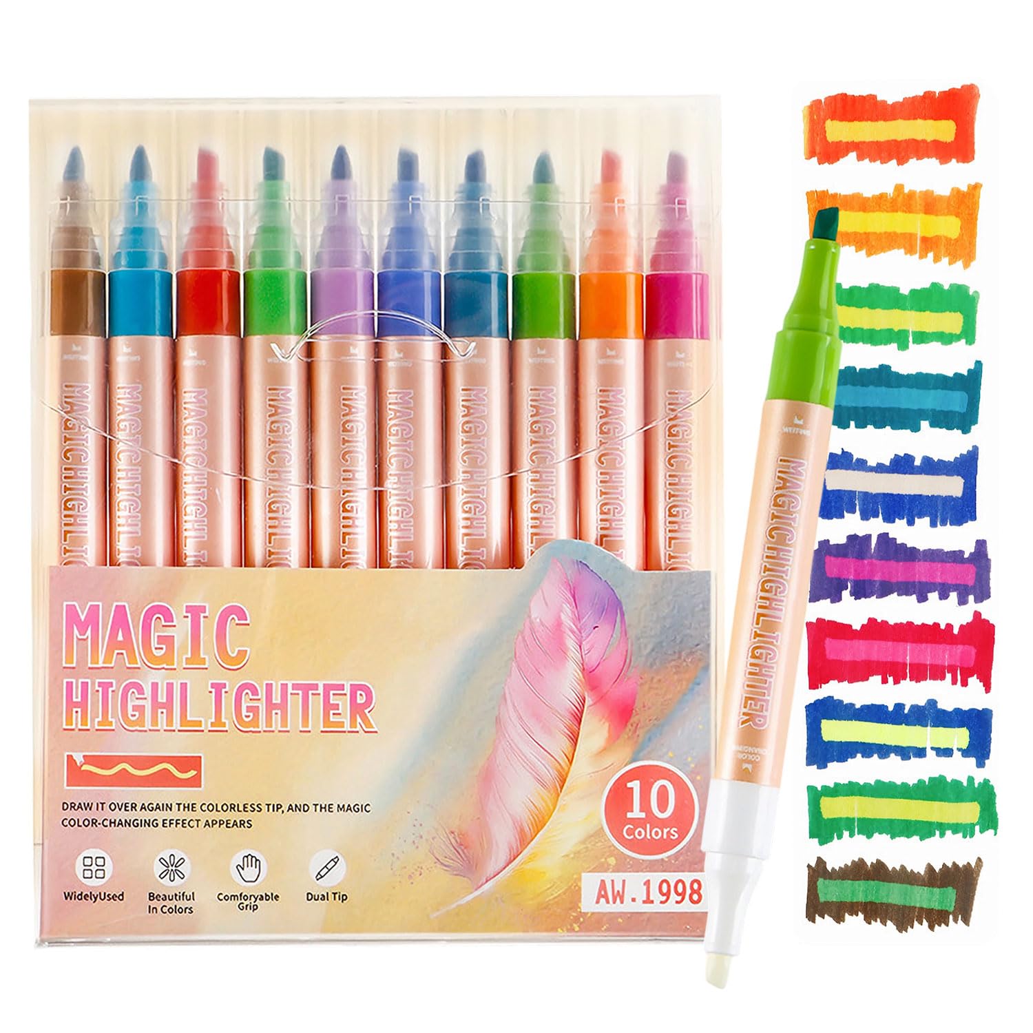 MOTIBACK 10PCS Highlighters, Double Head Smooth Writing, Chisel Tip Assorted Colors Marker Pens for Bible Planner Office Supplies (10Pcs Magic Color-Changing Highlighters)