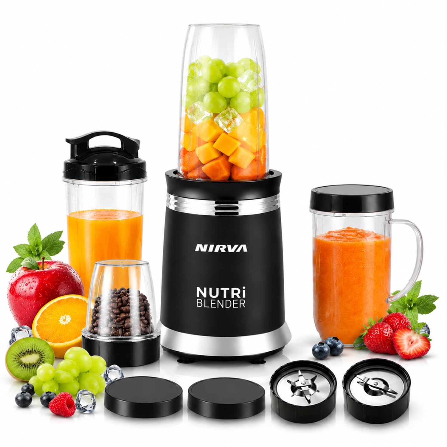 Nirva Smoothie Maker, Standmixer 2 in 1 mit Kaffeemühle, 25000 U/min Elektrischer Mixer für Shakes und Smoothies, 4 Klingen Edelstahlmesser, Personal Blender mit 4 Mixbechern & To-Go Deckel
