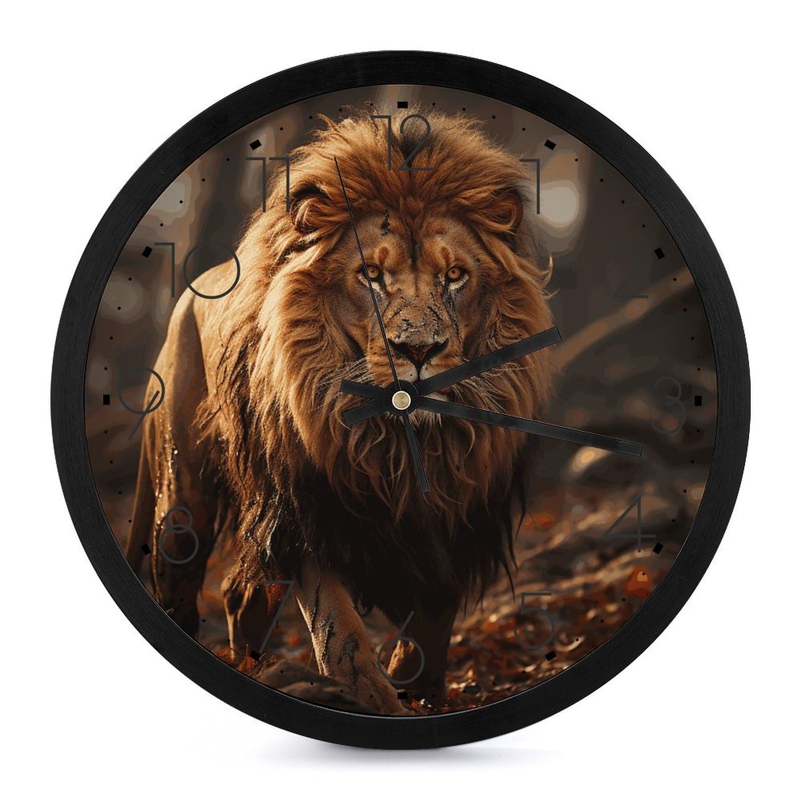 Horloge murale lion moderne et silencieuse quartz noir 25cm