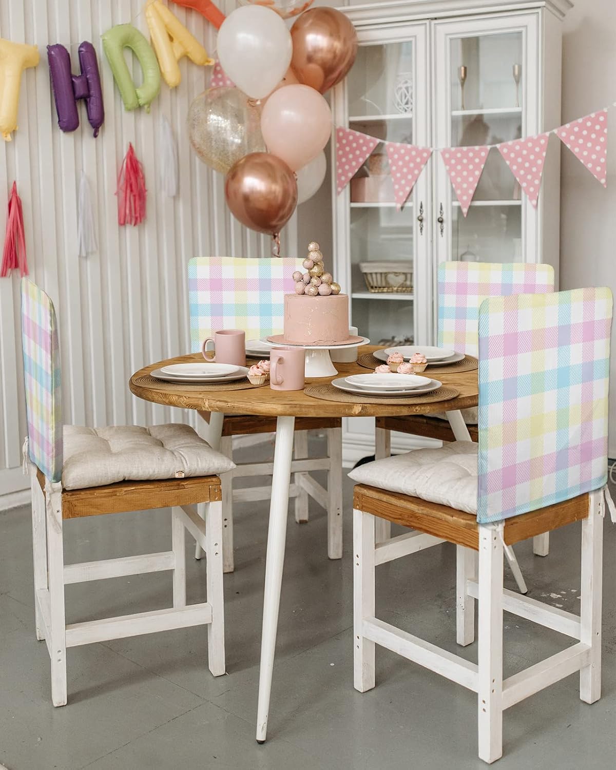 Savannan Dining Chair Back Covers, Easter Plaid Spring Pink Blue Yellow Buffalo Check Chair Covers Chair Slipcovers Protective Covers for Holiday Party Festival Decoration, Set of 4