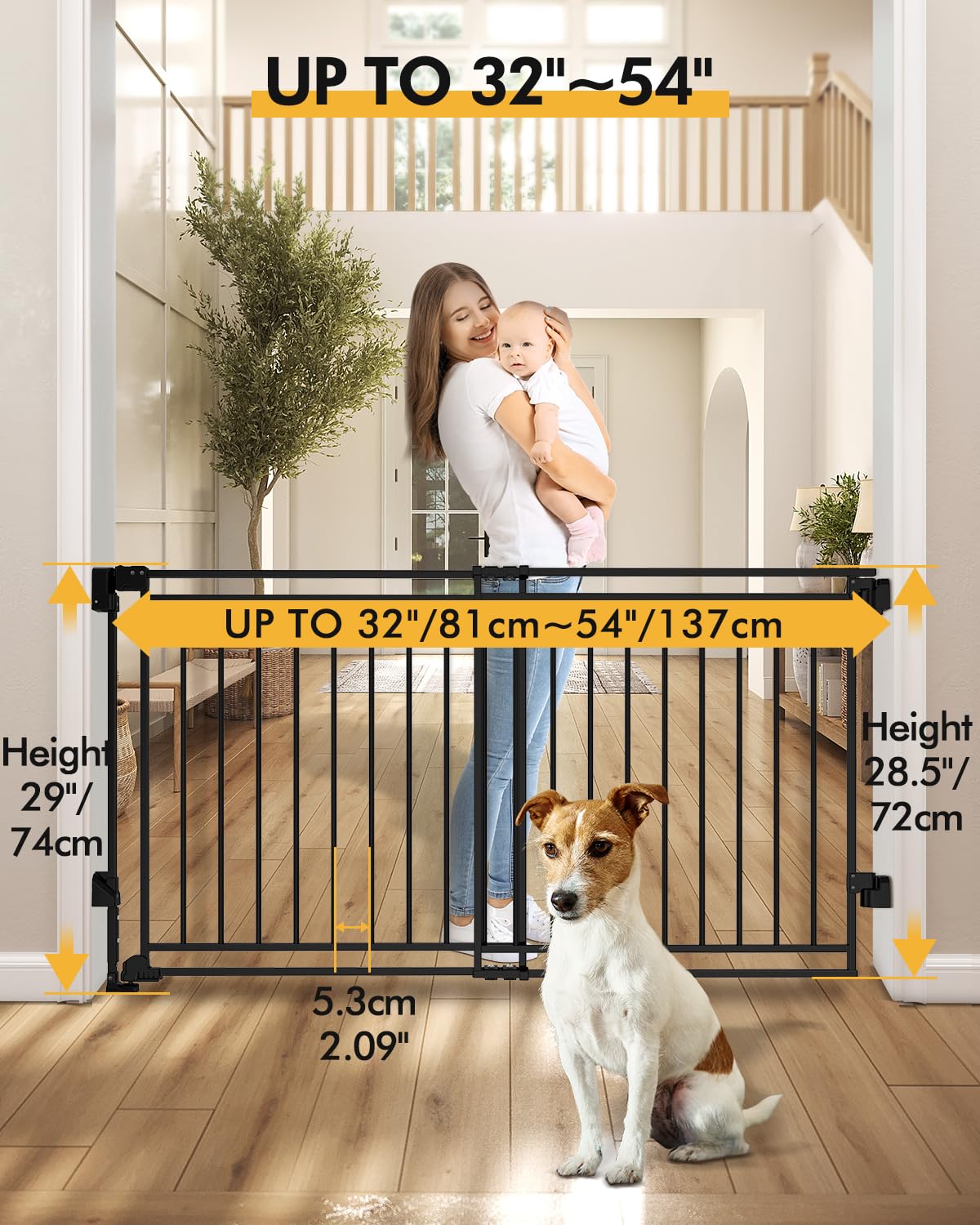 Extra Wide Baby Gate for Stairs Doorways & Kitchen,32"-54" W x 29" H, No Bottom Bar Dog Gate, One-Handed Auto-Close, Hardware Mount Safety Gate for Dogs & Toddlers, Black