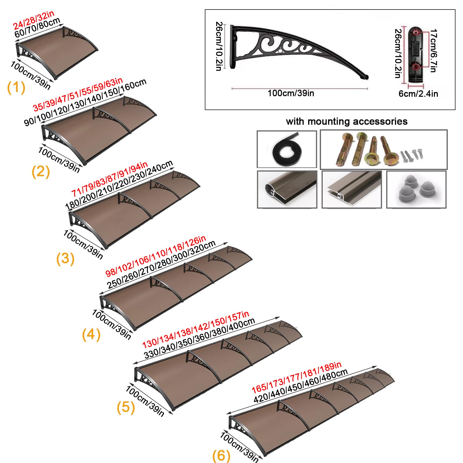 Marquesina para Puertas y Ventanas,Marquesina en Arco de Escritorio y Lluvia Autolimpieza,Marquesina Arqueada,Toldo de Entrada Resistente a Impactos,Tejadillo de Protección (100x230cm/39"x91")