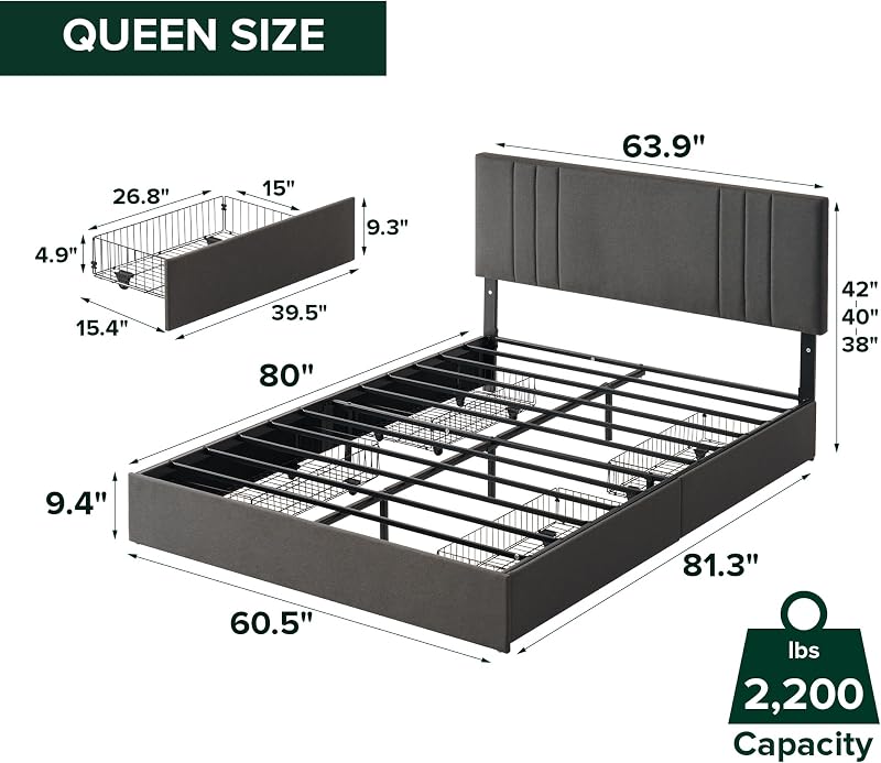 Zinus Billie Platform Bed Frame, Four Underbed Storage Drawers, Queen image 2