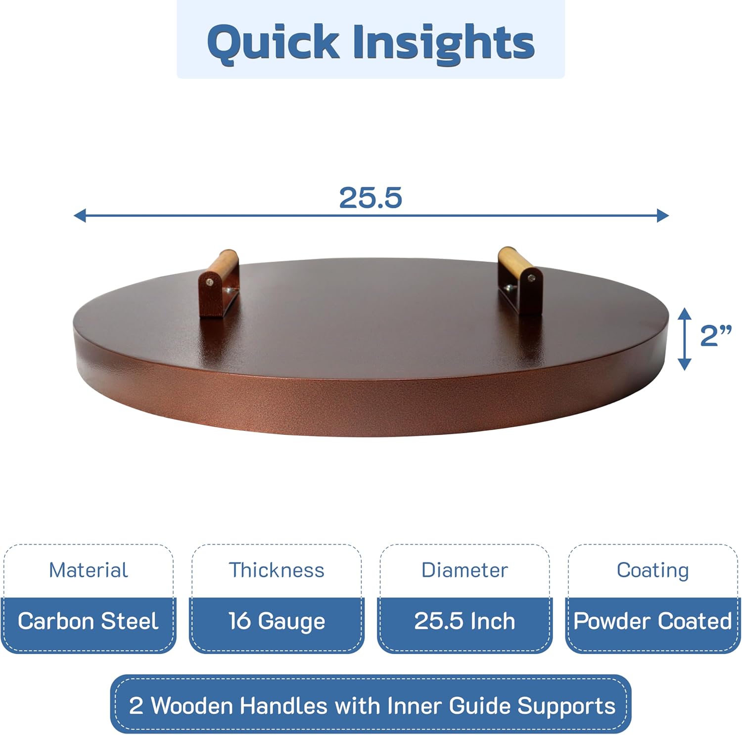 25.5” firepit lid round for inside up to 23” gas fire pit lid for Outdoor Fireplace Cover Lid Steel fire pit metal cover W/ Wooden Handle & Bronze Coated Snuffer Lid for Round Patio Fire Pit Ring