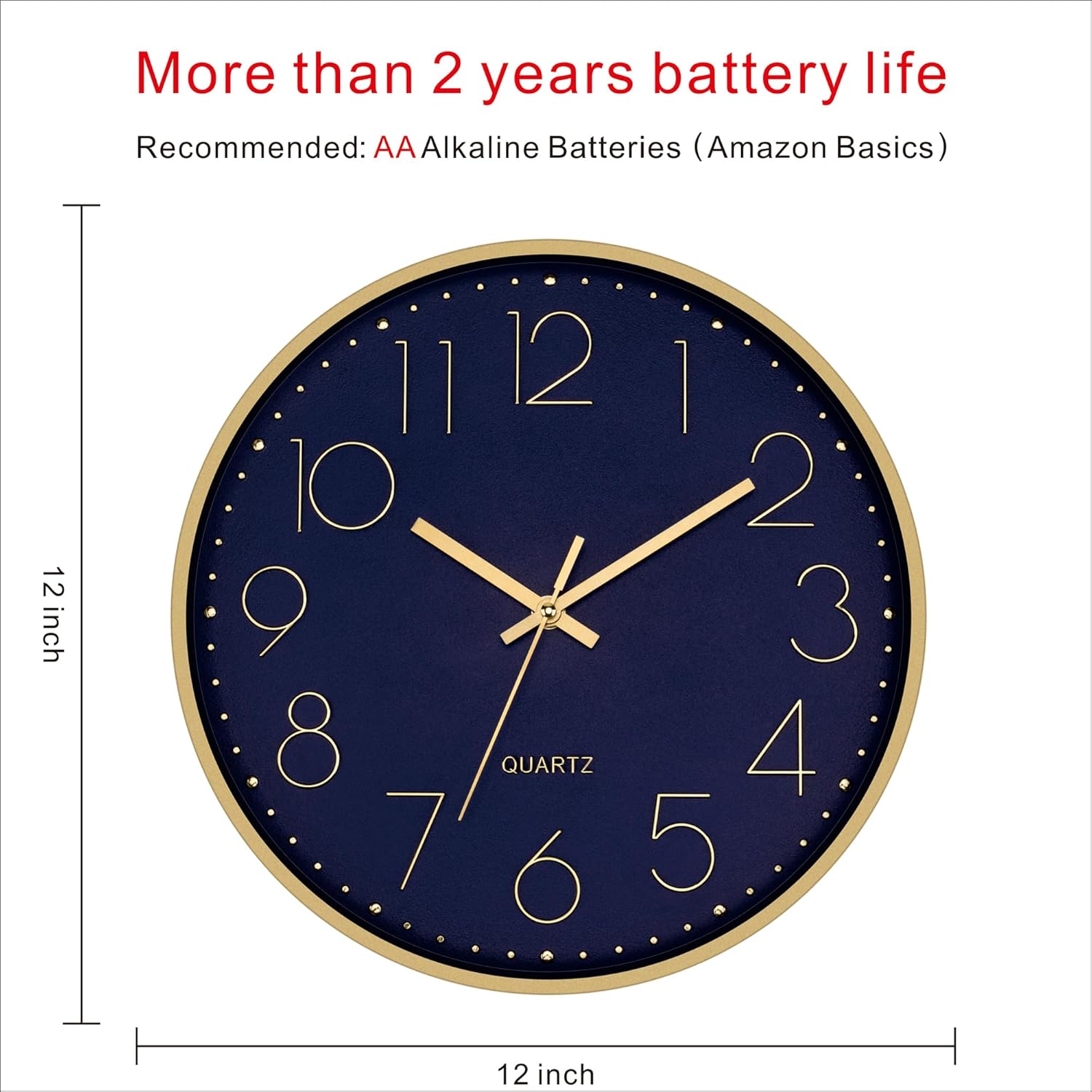 Foxtop Modern Wall Clock 12 Inch Silent Non-Ticking Battery Operated Round Quartz Gold Wall Clock for Living Room Bedroom Kitchen Office Classroom Decor (Dark Blue Dial)