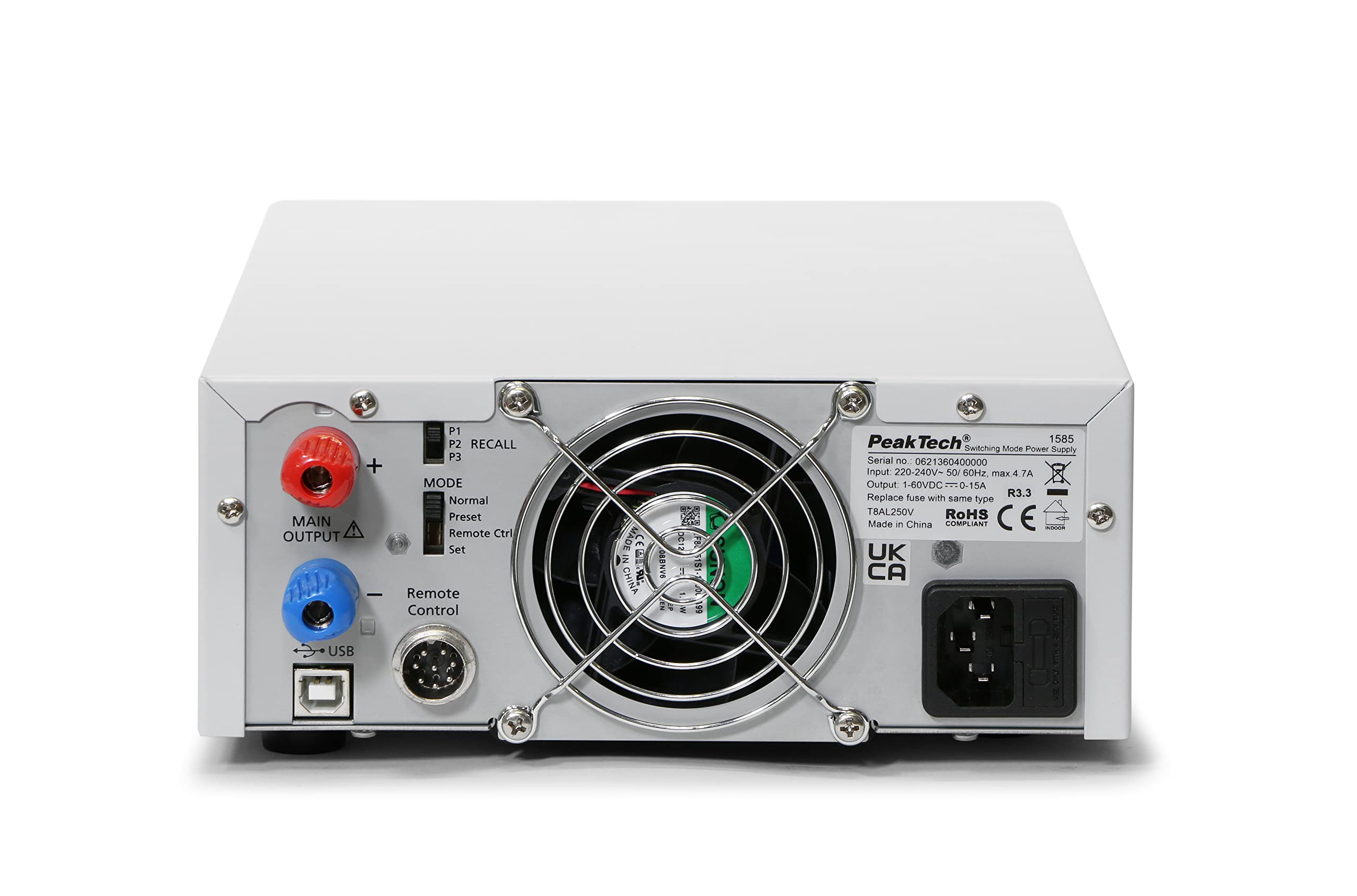 PeakTech P 1585 - Alimentatore di rete a switch, 1-60 V, 0-15 A, programmabile con interfaccia USB