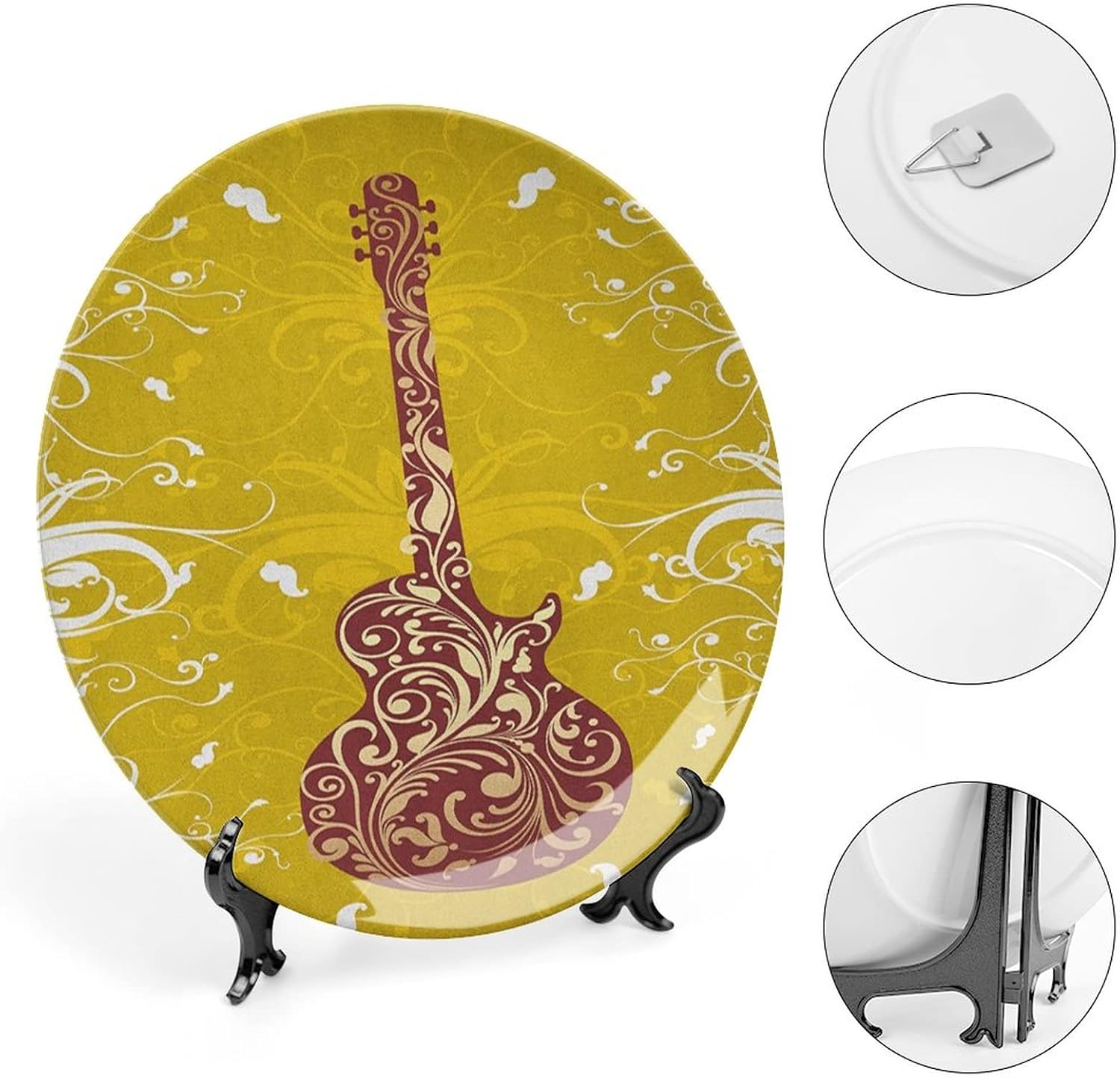 XISUNYA 10 Inch Decorative Plate, Guitar Round Porcelain,Floral Ornate Flourishes Acoustics Artful Instrument Print Ceramic Wall Hanging for Home Office Party Dinner Table Decor