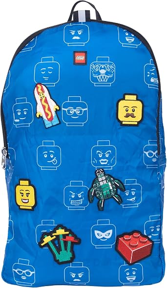 LEGO Mini Figure Packable Backpack with 6 Patches Iconic Blue One Size Packable Backpack, Blue., One Size, Blue, Free size