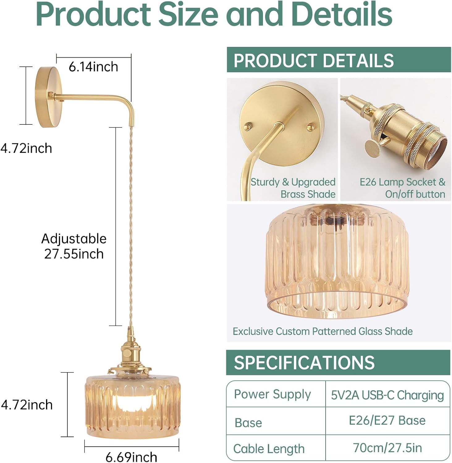 Battery Operated Wall Sconce with Amber Striped Shade Pattern Glass Adjustable Chain Retro Gold Wall Mounted Light, Modern Wall Lamp Fixtures Decor for Bedside Bedroom Indoor Doorway