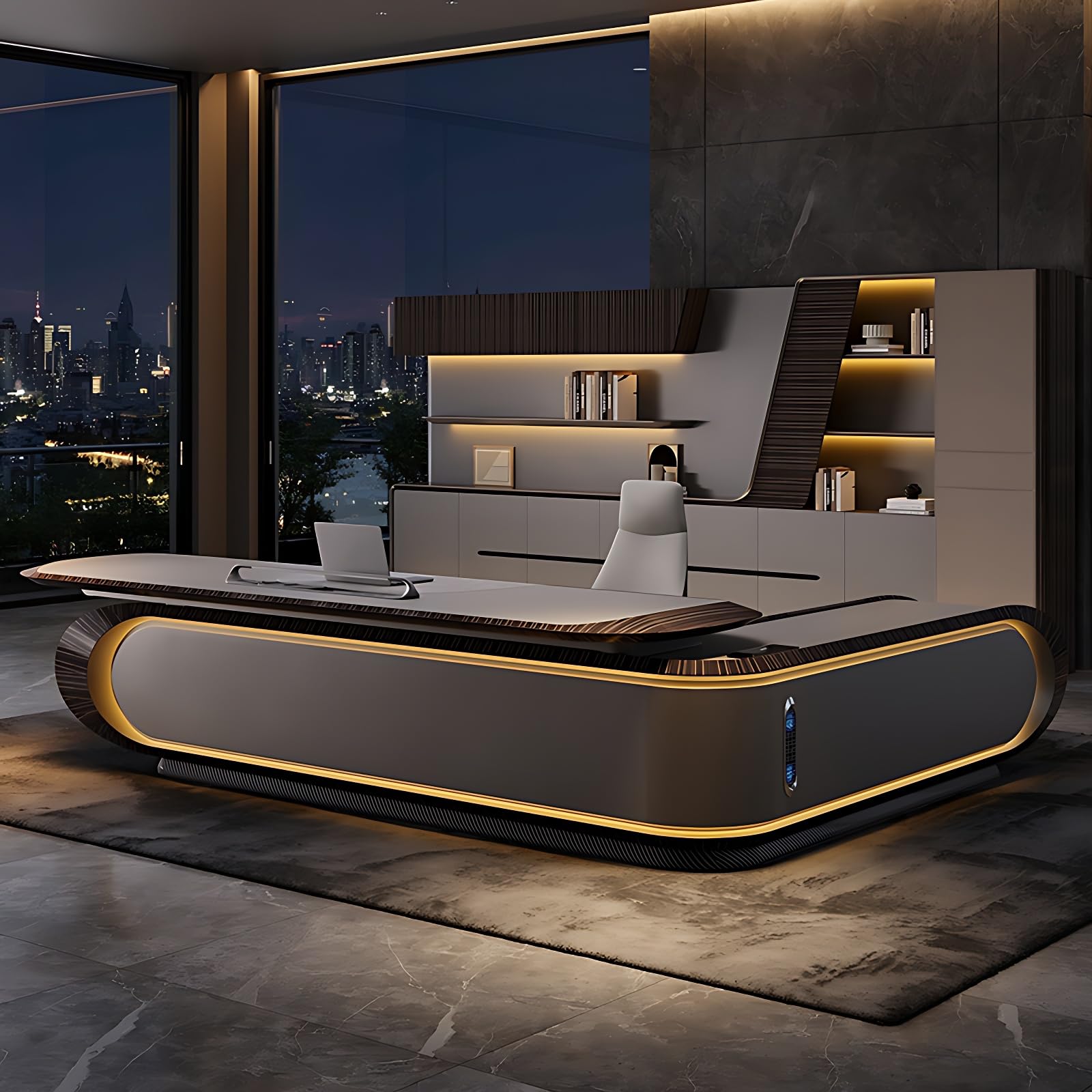 ZGNBSD Executive Desk - Luxury L-Shaped Home Office Desk with LED Strip Solid Wood Brown 141 7 No