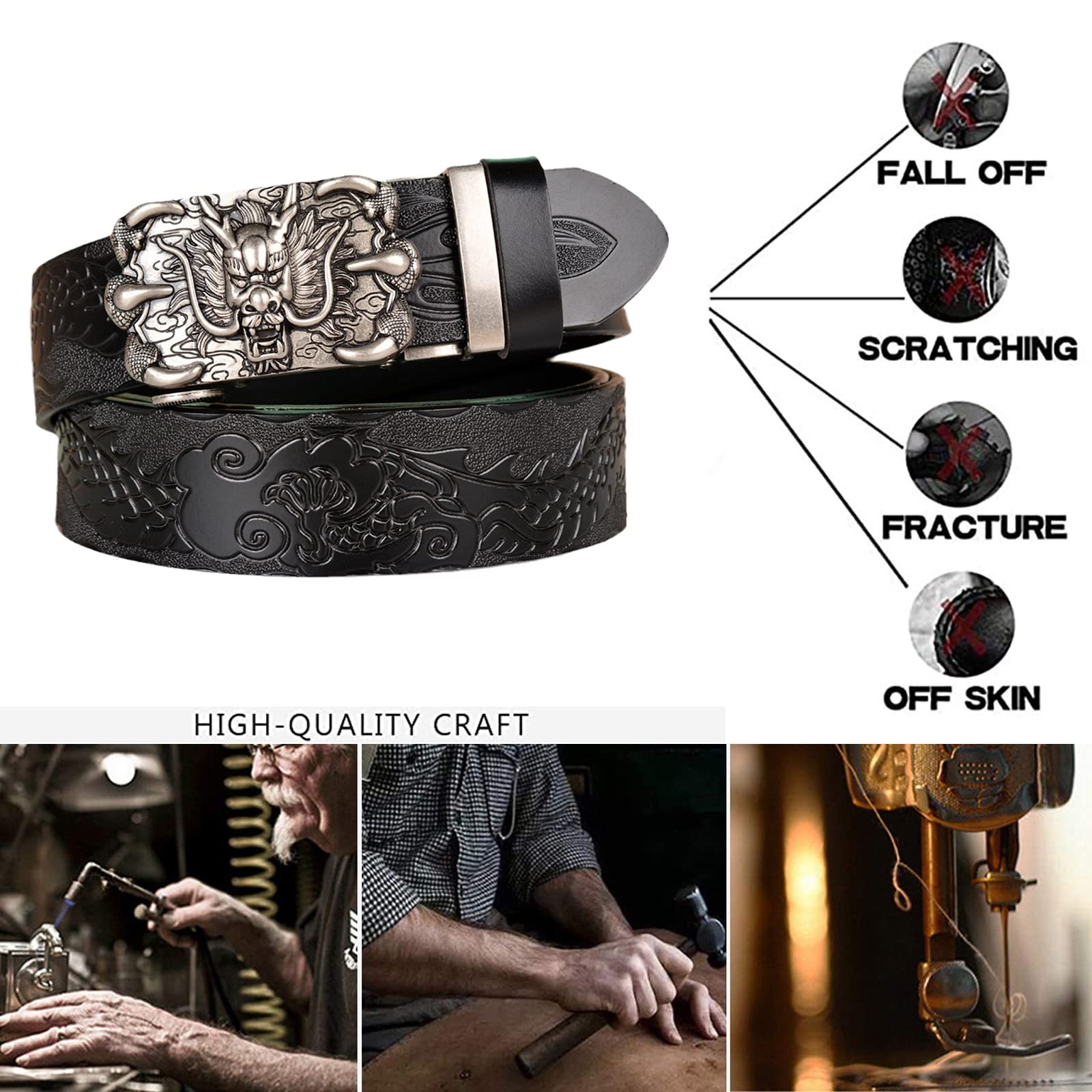 pasek, Męski skórzany automatyczny pasek zapadkowy ze srebrną klamrą w kształcie pazura smoka, klasyczny design do pracy, biznesu i na co dzień(Black,110cm/waist:36"~38")