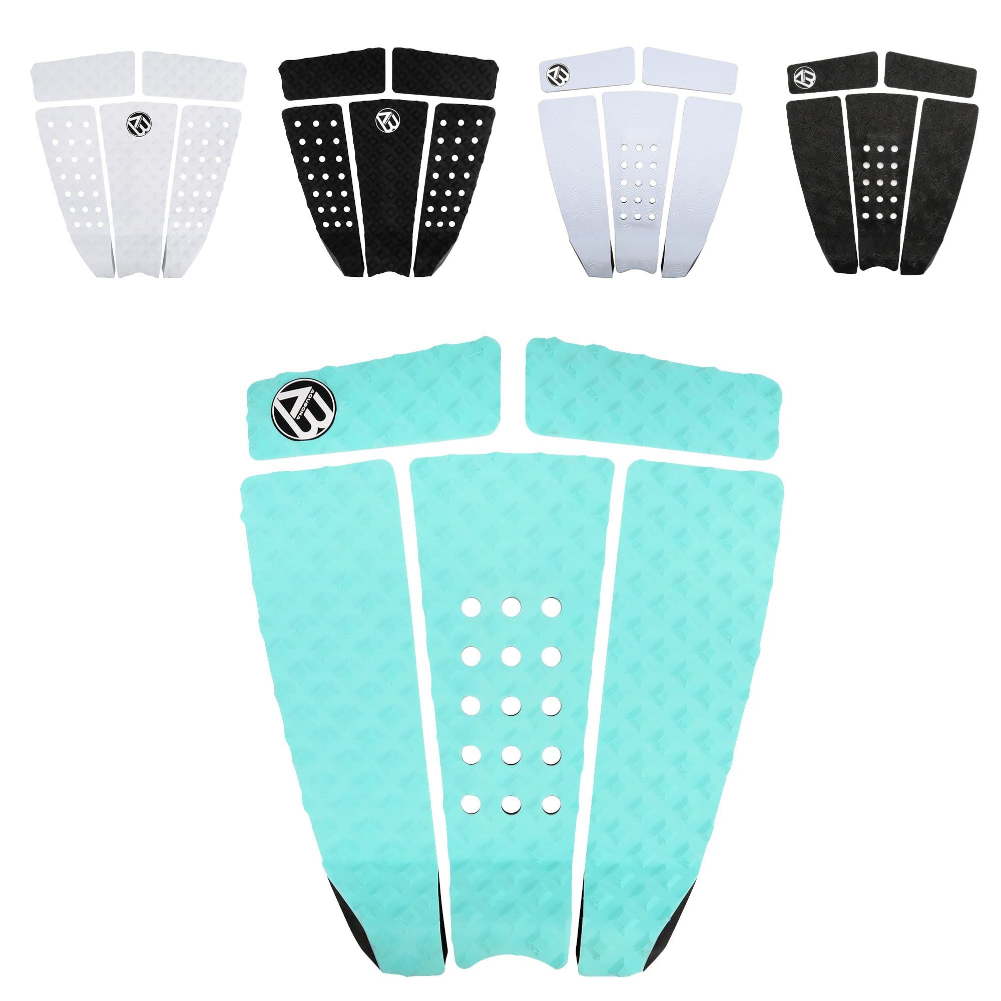 AQUBONA 5 almohadillas de tracción de EVA para tabla de surf con pateador para skimboards de Stomp, tablas de surf, funboard, tabla de peces/azul aguamarina, negro y blanco