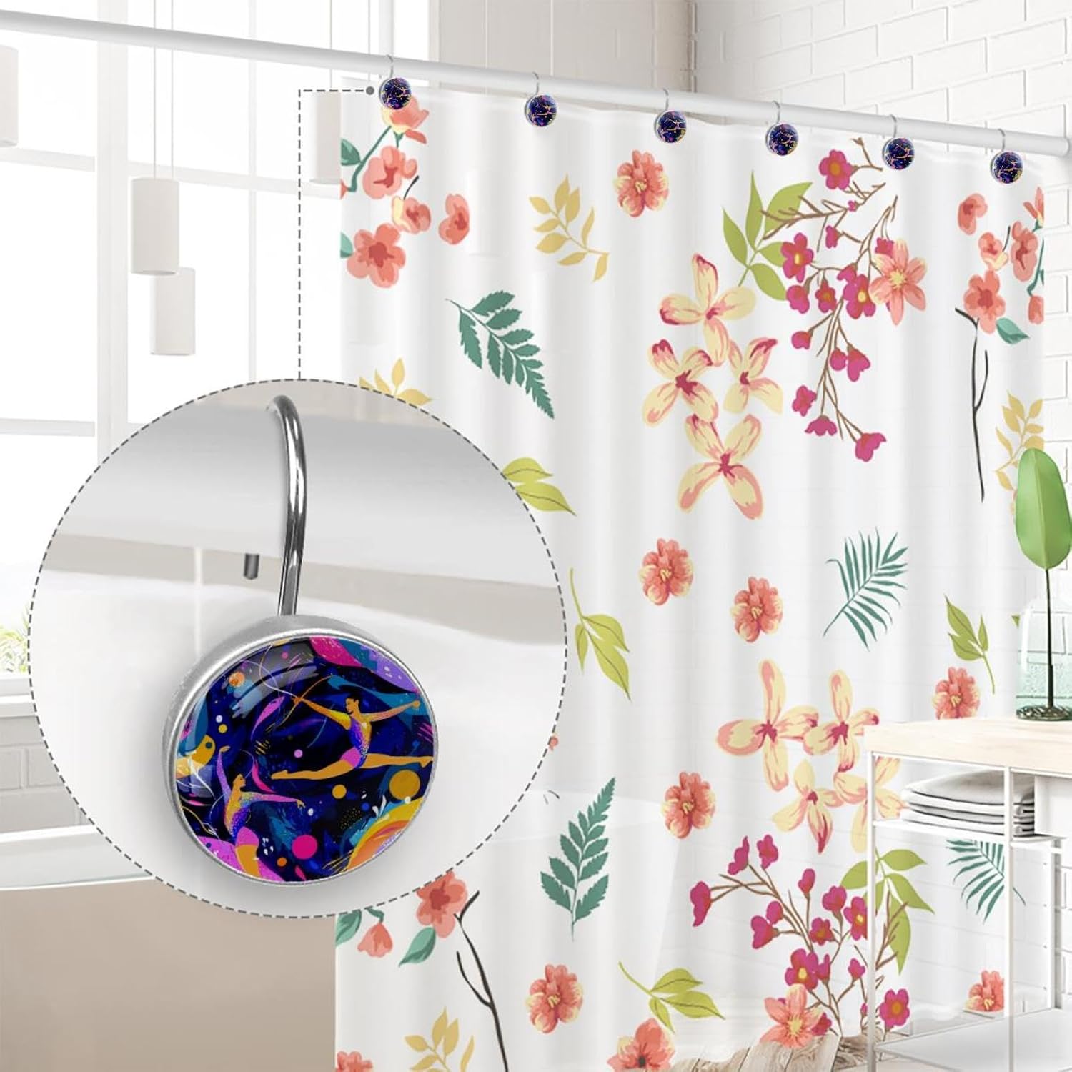 12 Pcs Rhythmic Gymnastics Colorful Background (11) Shower Curtain Hooks, Rustproof Decorative Metal Round Shower Curtain Hangers Rings for Bathroom Bedroom Living Room Rods
