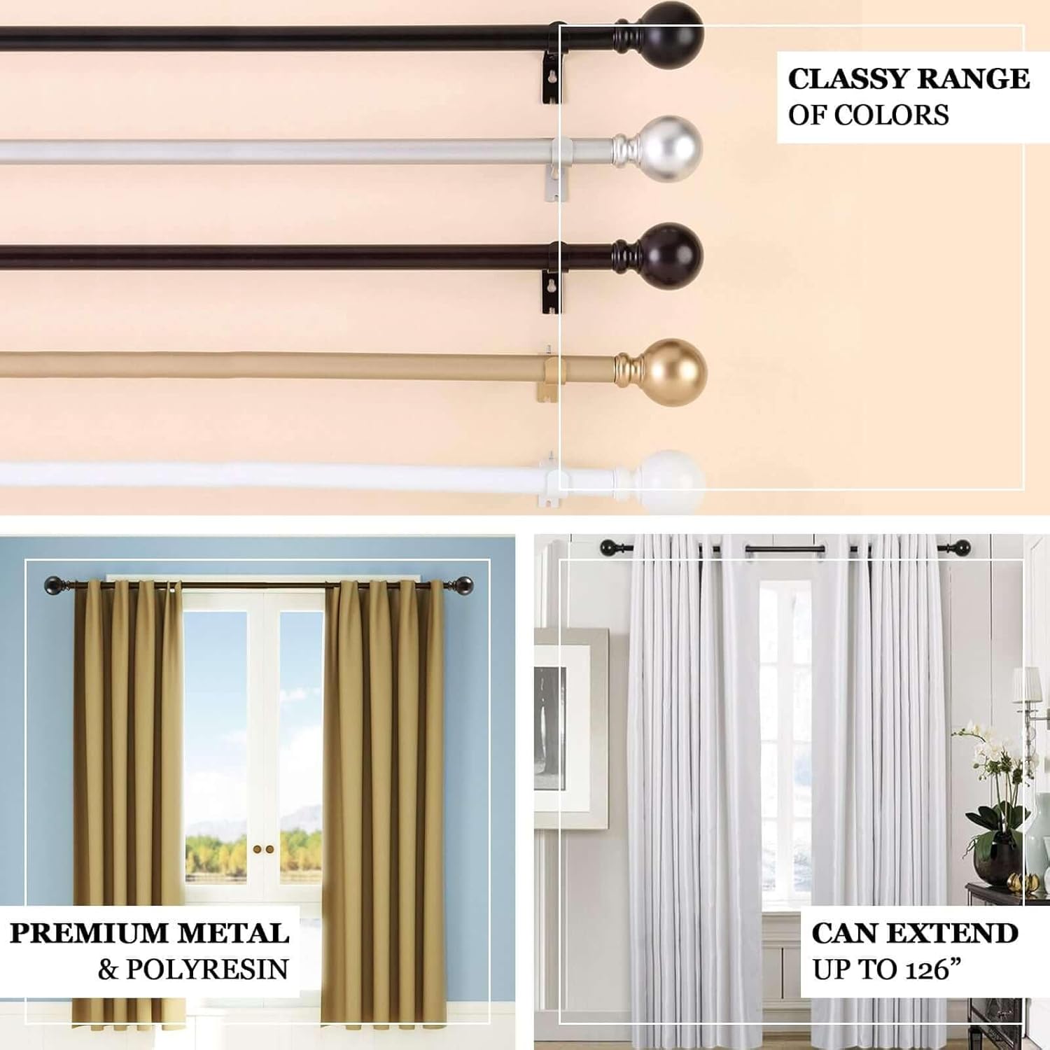 Efavormart 1-Inch Adjustable Curtain Rod Set, 42-126" Telescoping Window Drapery Rod with Round Decorative Finials, Modern Heavy Duty Treatment, Gold