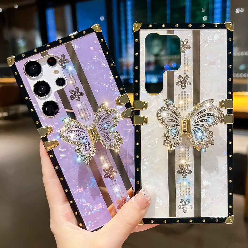 Compatible with Samsung Galaxy S22 Ultra Case, Luxury Bling Butterfly Design with Foldable Stand Kickstand for Women & Girls, Flexible Shockproof Protective Case 6.8” (Purple) image 2