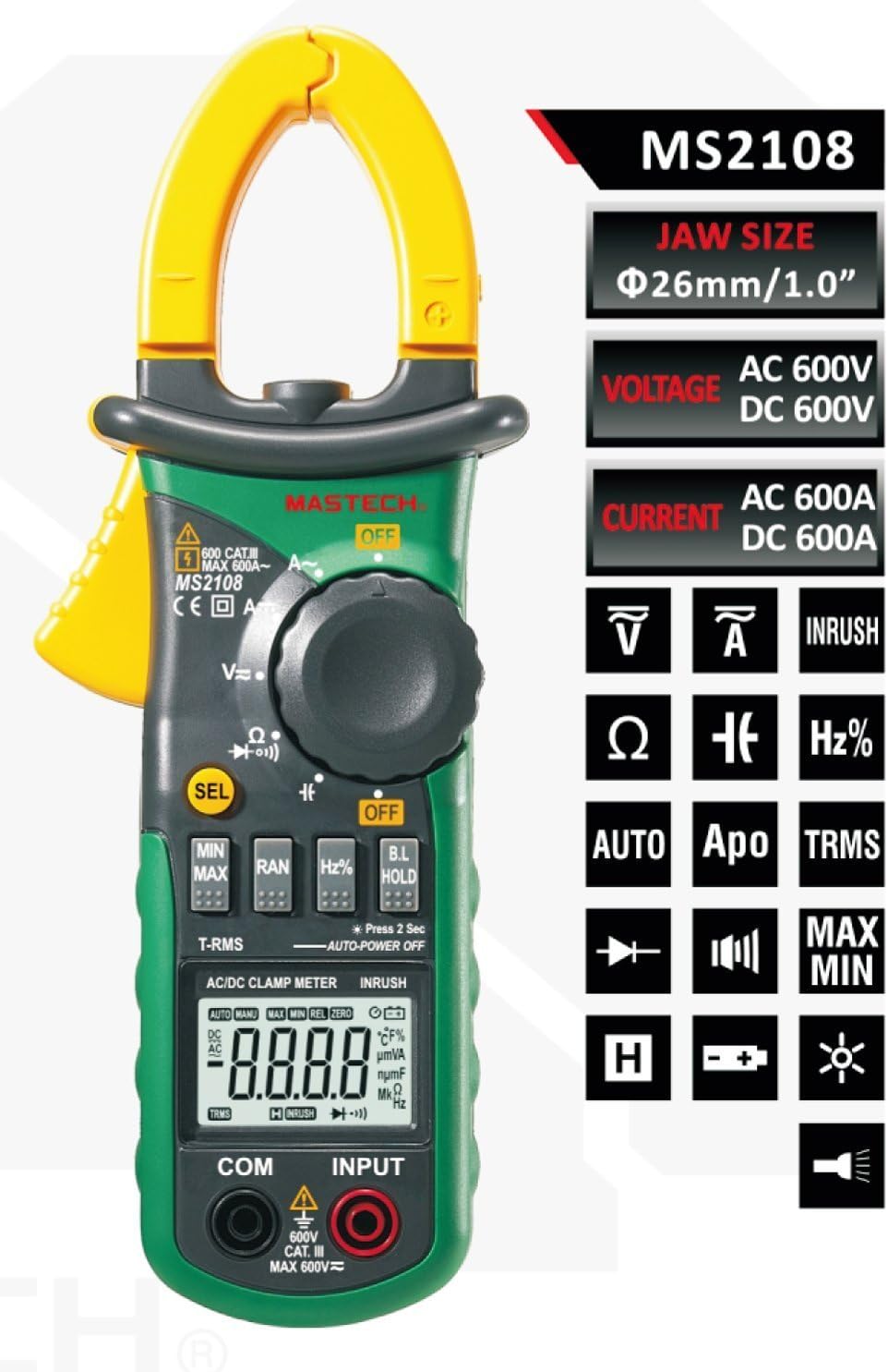 California Sugar MS2108A Auto Range Voltmeter Multi Meter MultiTester Digital Multi Clamp Meter - 4000 counts for AC/DC Voltage/Current Tester