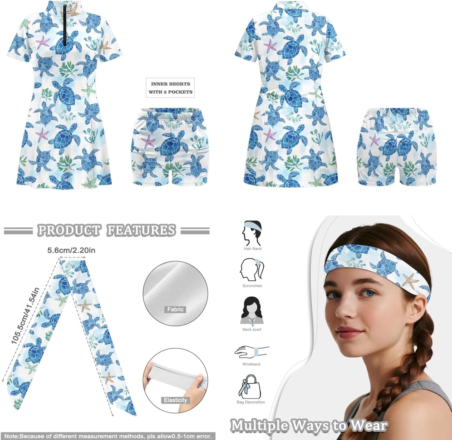 Womens Tennis Dress with Shorts Pockets Sport Tie Headbands Lightweight Athletic Workout Golf Dresses Skirt Skorts