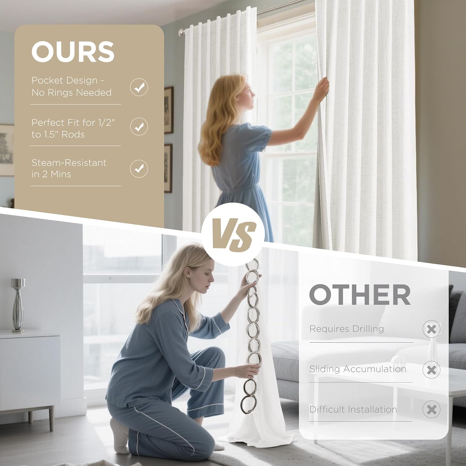  100% Blackout Curtains for Bedroom - Ivory 37 x 63 Inch Long thumbnail