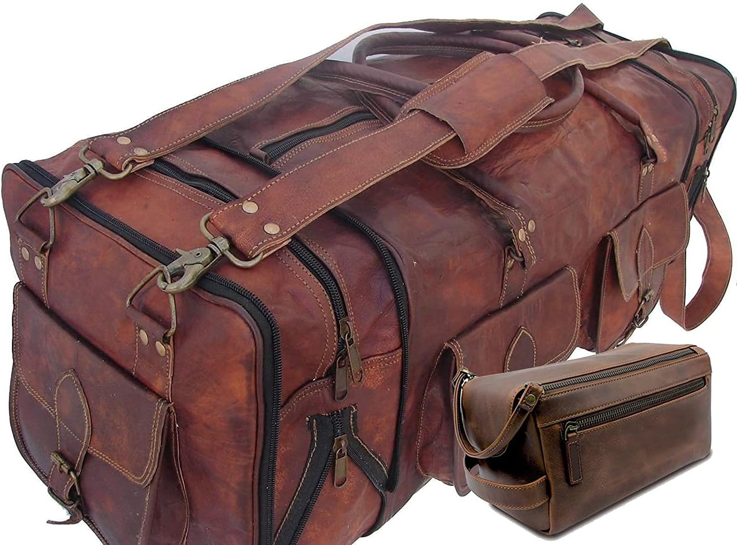 LEATHER DUFFEL WITH TOILETRY BAG TRVELLING COMPLETE COMBO WITH NICE TOILETRY AND GREAT DUFFEL