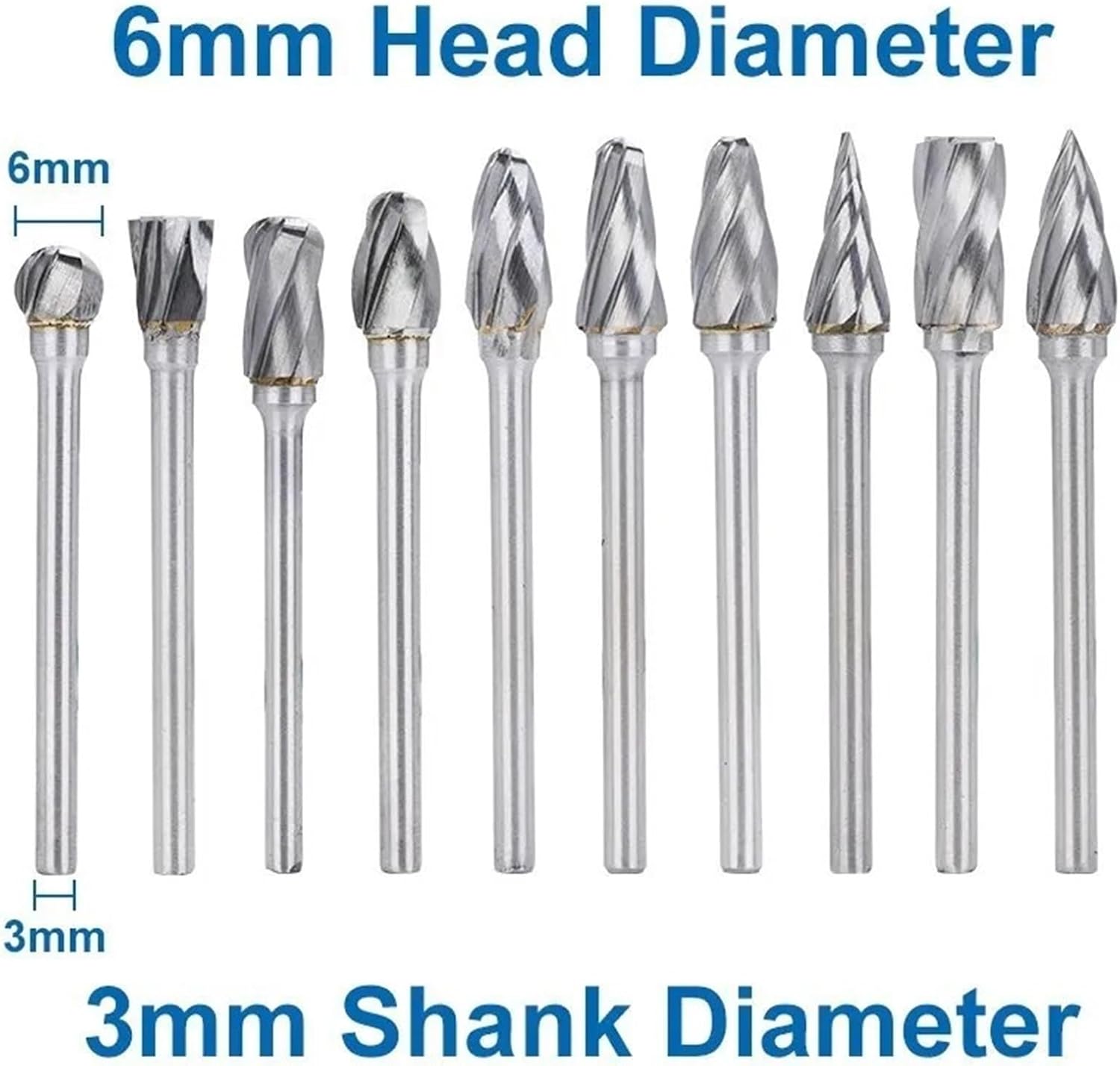 10pcs 3mm Shank Rotary Burr 6mm Diameter Single Cut Rotary File Carbide Milling Bit