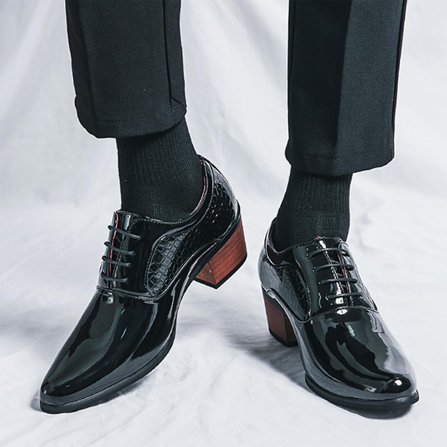 Men's Leather Derby Oxfords Shoes Classic Lace-up Low Top Pointed Toe Embossed Block High Heel Business Wedding Dress Shoes - Image 2
