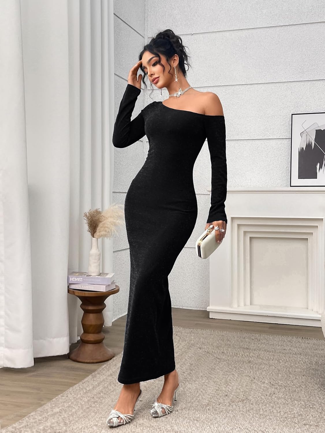 Women One Shoulder Long Sleeve 2026 Bodycon Ruched Night Out Formal Maxi Spring Sparkling Wedding Guest Dresses 204 - Image 5