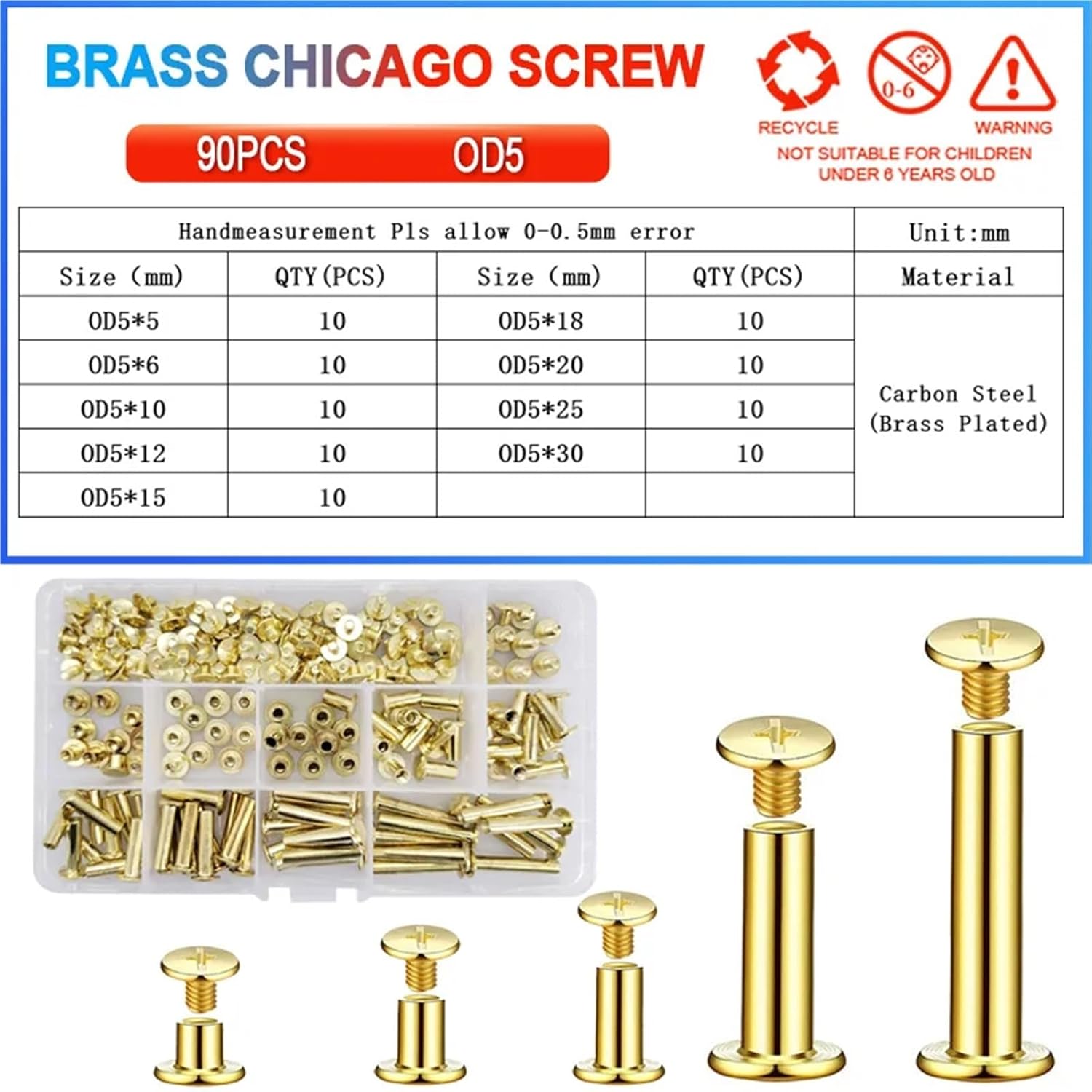 Leather Rivets 2box Brass Carbon/Stainless Steel Bookbinding Screw Leather Working Belt Wallet Photos DIY for Belts Bookbinding(90Pcs Brass OD5)