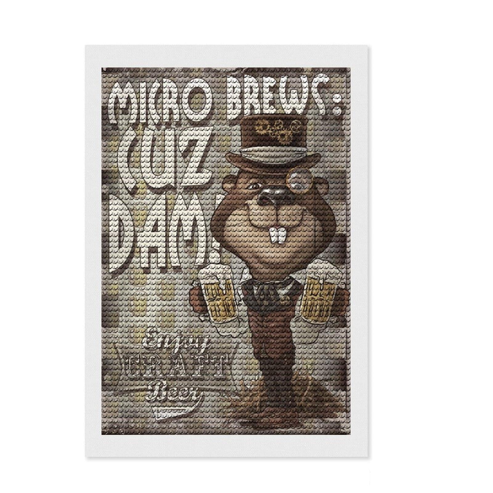Junmoney Craft Beer Beaver Round Drill Diamond Painting 8"x12", Round Gems, Birthday Gift, Home Wall Art, Boho Decor, for Family Craft Time