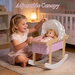 ROBUD Wooden Doll Rocking Crib with Adjustable Canopy & Bedding Set, Ballet Style Baby Doll Bassinet for 18 Inch Dolls, Sturdy Doll Bed with Safe Rounded Edges, Doll Furniture for Girls Pretend Play