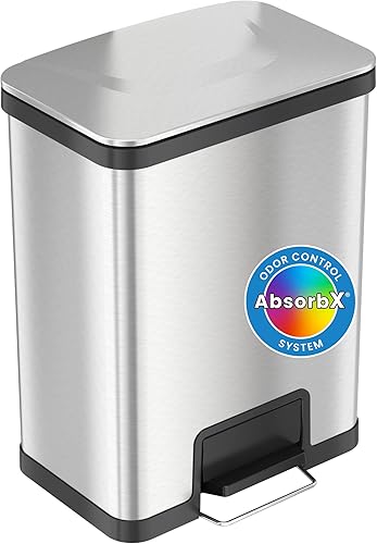 iTouchless Airstep - Cubo de basura con pedal de 13 galones con sistema de control de olores, basurero de acero inoxidable de grado comercial para