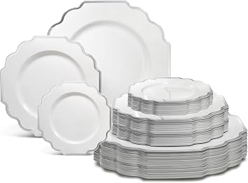 OCCASIONS  120 Plates Pack,40 Guests Premium Wedding Party Disposable Plastic Plates Set - 40 x 10.5 + 40 x 8 + 40 x 6.5 Imperial White & Silver